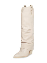 Slouch Stitch Fold-Over Pull Tab Pointed Toe Slanted Block High Heel Western Chelsea Mid Calf Boots Pumps